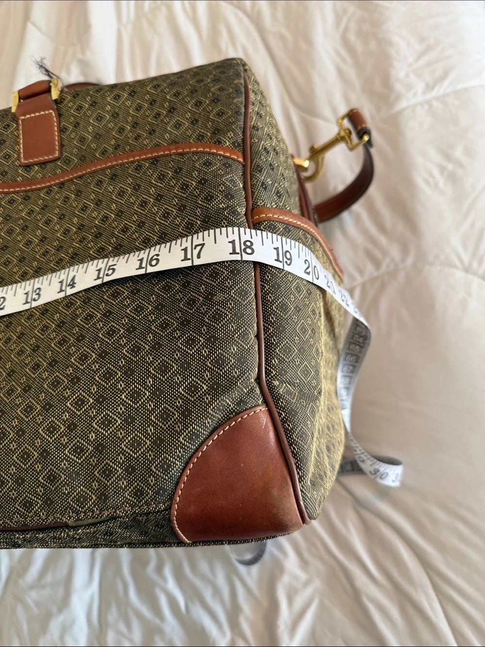 Patterned Brown Travel Duffel with Tan Leather Trim